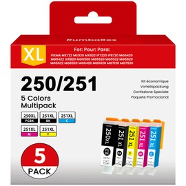 RumbaRex PGI-250XL CLI-251XL 5 Color Value Pack Replacement for Canon 250 251 PGI-250 CLI-251 XL Ink Cartridges for PIXMA MX922 MG5420 MG5520 MG5522 MG6320 MG6620 iP7220 Printer Ink (PGBK BK C M Y)