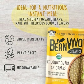 BeanVIVO (Pack of 3) Organics Plant based Coconut Curry Chickpeas - Good Source of Fiber - Nutritious & Microwave Meals - Gluten-Free Plant Food - 10 oz