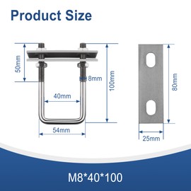 U-bolt M8 U-screws, 4 pieces, square bolts, stainless steel with nut frame and underlay, U-shaped bolt, pipe clamp for pipe attachment, car towing, fence fixation