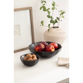 Kate and Laurel Lorah Decorative Carved Round Wooden Bowls, Set of 2, Black, Modern Lotus-Shaped Food-Safe Fruit Bowls for Kitchen Counter or Use as a Key Bowl Set for an Entryway Table