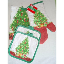 Christmas Tree Design 4 Piece Towel,pot Holder,oven Mitt Set