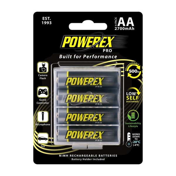 Powerex PRO High Capacity Rechargeable AA NiMH Batteries (1.2V, 2700mAh) - 4-Pack, (MHRAA4PRO)