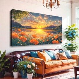 JLXART Large Canvas Wall Art for Living Room Decor Sunset Lake Mountain Landscape with Orange Poppies Modern Nature Home Decor Framed Size 20 x 40 in