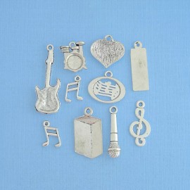 Unbranded Rock and Roll Charm Collection Antique Silver Tone 10 Different Charms - COL104