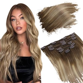 Ugeat Clip in Human Hair Extensions Dark Brown Fading to Light Brown Mix Light Blonde Remy Hair Extensions Clip in Balayage #3/8/22 120 Grams 7 Pieces