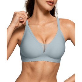 OEAK Womens Comfortable Bras Wireless Push Up Bralettes Scalloped Mesh Bra Seamless Tshirt Bras Deep V Everyday Bra XXL Green