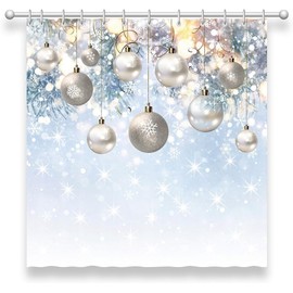 SHENGJUN 60x72 Christmas Shower Curtain, Silver Winter Merry Xmas Bath Bathroom Curtains, Bokeh Snowy Snowflakes Happy New Year Holiday Decors, Home Fabric Waterproof Shower Curtain Set with 12 Hooks