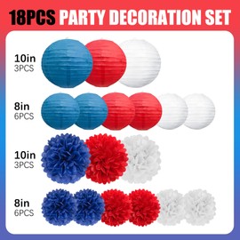 18 PCS Red White Blue Paper Lanterns & Tissue Paper Pom Poms for July 4th Independence Day, Memorial Day, Baseball Party, Patriotic Veteran Celebration Theme Party Decoration Set Supplies