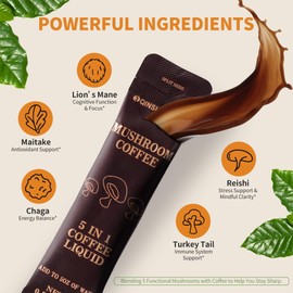 Mushroom Coffee Concentrate, Cold Brew With 5 Mushrooms, 15 Liquid Packets | Lion's Mane, Reishi, Maitake, Turkey Tail, Cordyceps, 100% Arabica Coffee Bean Extract