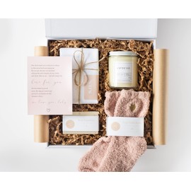 Aevum + Ink Daughter College Care Package, Going Away Gifts for Girls Student Box Dorm Gift Basket Leaving Home University Bound Girl Survival Kit from Parents, Off To Freshman Basket, Pink, Beige