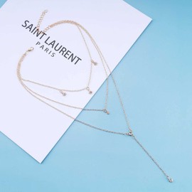 Allereyae Boho Layered Crystal Star Necklace Choker Gold Crystal Y Lariat Necklace Long Rhinestone Y Necklace Chain Cz North Star Drop Necklace Chain Jewelry for Women and Girls