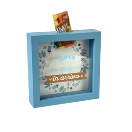 Salvadanaio Decorativo Cornice Blu 16x16 cm, Design In Arrivo con Motivi Baby