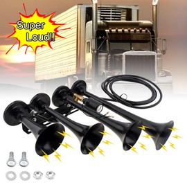 DriSentri Truck Air Horn 12V/24V 185dB Super Loud Four Trumpet Air Horns Train Horn for Truck with Electric Solenoid Universal for Truck Car Pickup SUV Train Boat