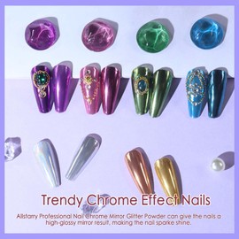 Allstarry Chrome Nail Powder 16 Colors Metallic Mirror Effect Powder Manicure White Chrome Pigment Powder Magic Glitter Dust Kit for Gel Polish Nail Art Decoration with 16 Sponge Sticks