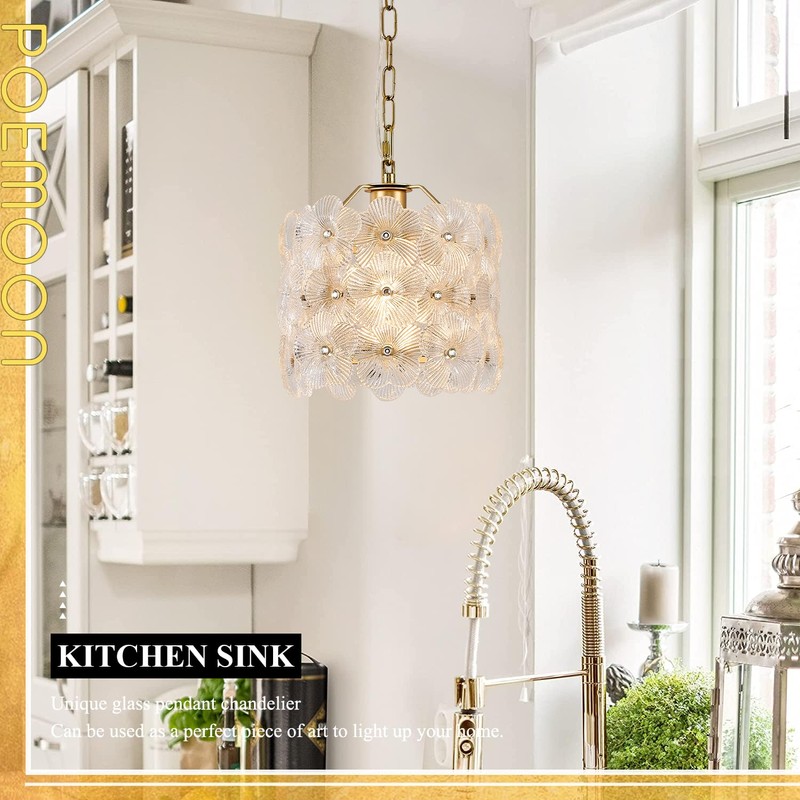 Poemoon Gold Glass Pendant Light 1-Pack Modern Flower Small Ceiling
