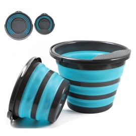 Collapsible Cleaning Bucket, 【2 Pack】Space Saving Outdoor Gardening Foldable Plastic Bucket w/Removable Filter, Durable BPA Free House Bucket for Hiking, Camping, Travel, 10L (2.6 Gallons) and 5L (1.3 Gallons) – Blue