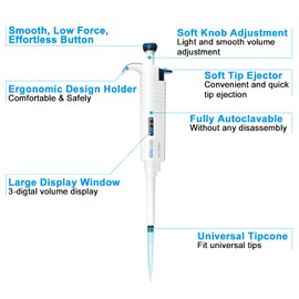 ONiLAB Laboratory Micropipette, Single Channel Pipette, Adjustable Volume Pipette, Micropipettes, High Precision Pipetter, Fully Autoclavable, 200-1000 ul