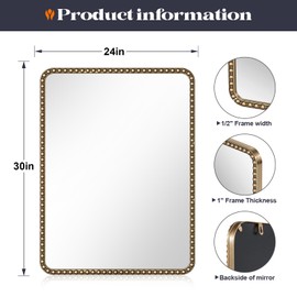 Brauthon 24"x30" Antique Gold Mirror with Beaded Frame, Champagne Bronze Mirrors for Bathroom, Antique Brass Metal Frame Wall Mirrors, Gold Beaded Mirror for Vanity Ornate Bedroom Hallway Fireplace