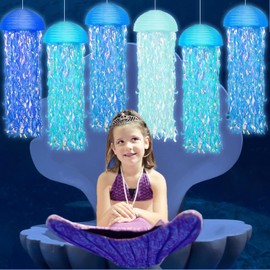 12 Set LED Jelly Fish Paper Lanterns with Lights Blue Hanging Jellyfish Party Decoration Under The Sea Light Up Paper Lantern Lamps for Ocean Mermaid Birthday Baby Shower Baby Room Party Supplies