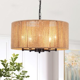 KOOFREDDO 5 Lights Boho Chandelier for Dining Room，19" Hand-Woven Pendant Light Fixture Hanging Rattan Chandelier for Living Room Kitchen Entryway Hallway Foyer, Height Adjustment