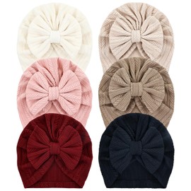 Cinaci 6 Pieces Super Soft Stretchy Baby Turban Hats with Bow Knot Cute Newborn Nursery Hospital Caps Bonnets Beanies Headwraps for Baby Girls Boys Infants Toddlers