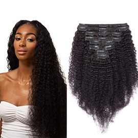 8" Kinkys Curly Clip in Hair Extensions Real Human Hair Double Weft (95g,#1B Natural Black)