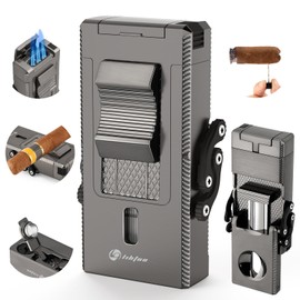 LIHTUN Cigar Lighter Multifunctional All-in-1 Torch Lighters Built-in Holder Cigar Draw Enhancer Cigar Punch Gift for Men Butane Lighters with Folding Cigar Cutter V-Cut