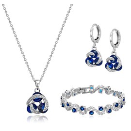 Crystalline Azuria Blue Simulated Sapphire Zirconia Crystals Jewelry Set Pendant Necklace 18 inches Earrings Bracelet 18K White Gold Plated