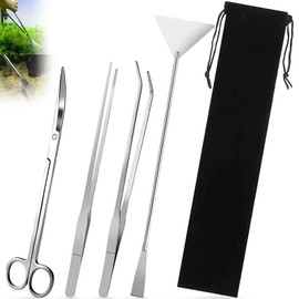 4 in 1 Set Attrezzi per Acquario con Borse di Stoccaggio, Accessori per Acquario Acqua Dolce in Acciaio Inox,Kit Pinzette Forbici Spatola Pulizia Acquari per L'acquario Landscaping e Piante Acquatiche