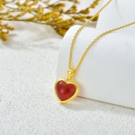 QKABTI Natural Carnelian Heart Pendant Necklaces for Women S925 Sterling Silver Red Agate Heart Necklaces Birthday Christmas Mother’s Day Valentine's Day Gifts for Her, Sterling Silver, Agate