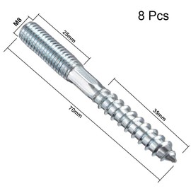 TOP-VIGOR 8Pcs M8x70mm Double Headed Bolts Self Tapping Screw, Double Ended Dowel Screws, Screw Dowels Hanger, Threaded Lag Wood Screws and Machine Bolts for Wood Joint Furniture