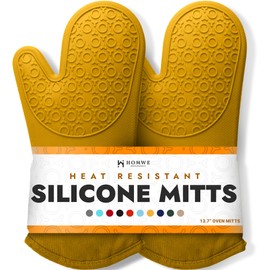 BPA-Free Soft Silicone Oven Mitts - Ultra Heat Resistant Oven Mitts with Thick Cotton Liner - Long Slip Resistant Pot Holders, Flexible Oven Gloves - Yellow 13.7"