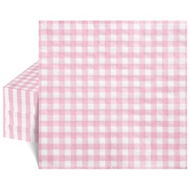 80 Pcs Pink Gingham Napkins, 6.5X6.5 Inch Pink and White Checkered Napkins Plaid Cocktail Napkin for Baby & Bridal Shower, Wedding, Picnic