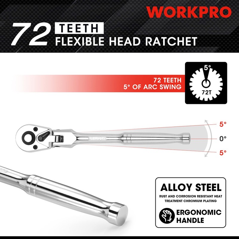 WORKPRO Ratchet Handle, Ratchet Wrench, Socket Wrench, Insertion Angle 0.37
