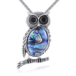 VIJASHOP Abalone Shell Owl Necklace Stainless Steel Owl Pendant Oval Abalone Necklace Owl Jewelry Christmas Gifts for Women Men
