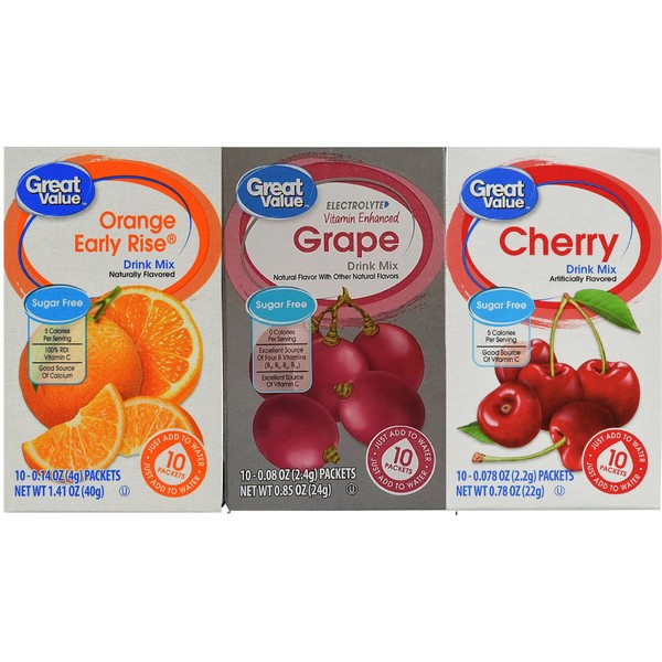 Great Value Low Calorie Sugar-Free Drink Mixes Variety Fruit Flavor 3-Box Bundle (Cherry,Grape,Orange Early Rise, 3-Pack)