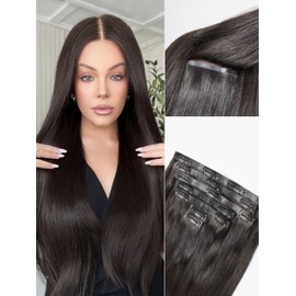 LUVME Straight Seamless 14inch 110g 7Pcs Clip in Hair Extensions Full Max Remy Human Hair Extensions, Natural Black 100% Real Soft Human Hair Extensions