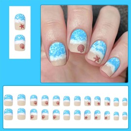 ONPRESS 24Pcs Summer Press on Nails Short Square Fake on Nails with Starfish Shells Design Blue Sea Beach False Nails Cute Glossy Full Cover Acrylic Nails for Women Girls Manicure Nails Art Decoration