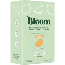 Bloom Nutrition Super Greens, Polvo de Jugo Verde Suplemento con Probióticos, Prebióticos, Fibra, Enzimas Digestivas, Superfoods y Antioxidantes Sin Azúcar Añadida Sabor Mango - 14 Sobres