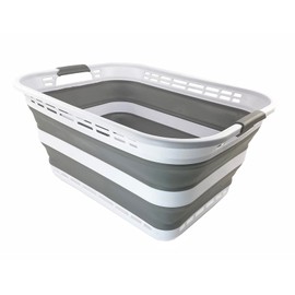 SAMMART 42L (11 Galloons) Collapsible Plastic Laundry Basket - Foldable Pop Up Storage Container/Organizer - Portable Washing Tub - Space Saving Hamper/Basket [BPA Free] (White/Grey)