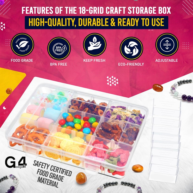 G4GADGET 18-Grid Clear Plastic Storage Box – Stackable Organizer for