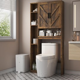 Over The Toilet Storage Cabinet with 7 Storage Shelves, Above Toilet Bathroom Organizer with Toilet Paper Holder Stand, Behind Toilet Cabinet, Space Saver for Restroom, Bathroom, Laundry, Brown