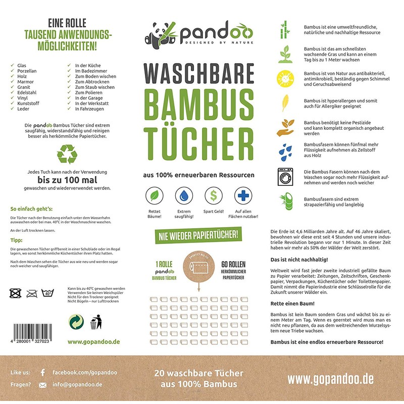 100 % bamboo kitchen roll, pack of 2, washable, environmentally-friendly
