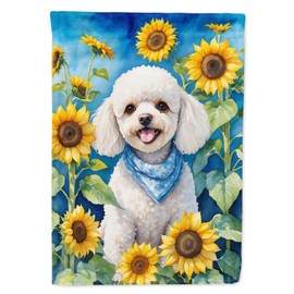 Caroline's Treasures DAC6141CHF White Poodle in Sunflowers House Flag Large Porch Sleeve Pole Decorative Outside Yard Banner Artwork Wall Hanging, Polyester, House Size, Multicolor