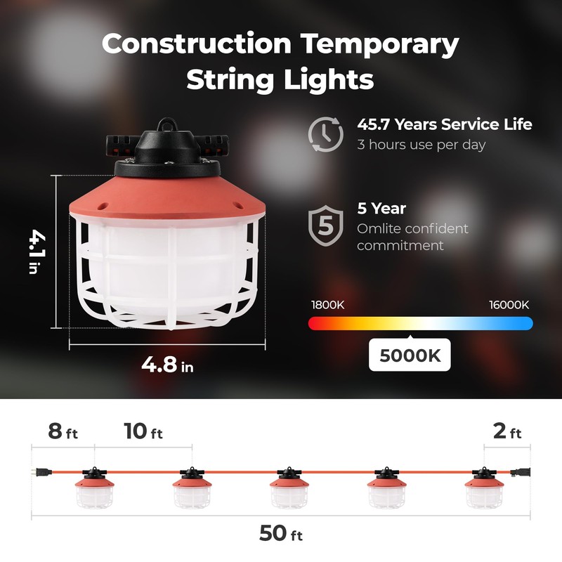 Omlite 50FT Construction String Lights：75W 10500LM Linkable Super Bright LED