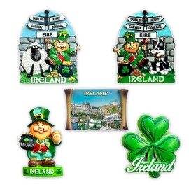 LILAJ Ireland Fridge Magnets (Set of 5) Hand-Painted Irish Souvenir Resin Magnets - Leprechaun, Shamrock leaf clover, Sheep, Pot of Gold, Ha’penny Bridge, Dublin Castle St. Patrick Decorative Gifts