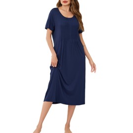 Wikoan Women's Long Nightdress Short Sleeve Baggy Nightdies Plus Size Nightshirt Pleated Chest Nightgown Casual Sleepwear with Pockets,Navy Blue,M