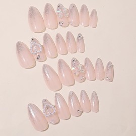 Almond False Nails Gradient French Fake Press on Nails Medium Cute Bow Tie Pearl Design Glue on Nails Artificial Acrylic Nails Full Cover Glossy Reusable Coffin Nails Stick on Nails for Women 24Pcs