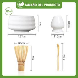 CHEHILL Juego de 5 Batidor de Matcha y Tazón, Kit de Matcha Include Batidor y Soporte, Cuchara de Bambú y Tazón (Blanco)