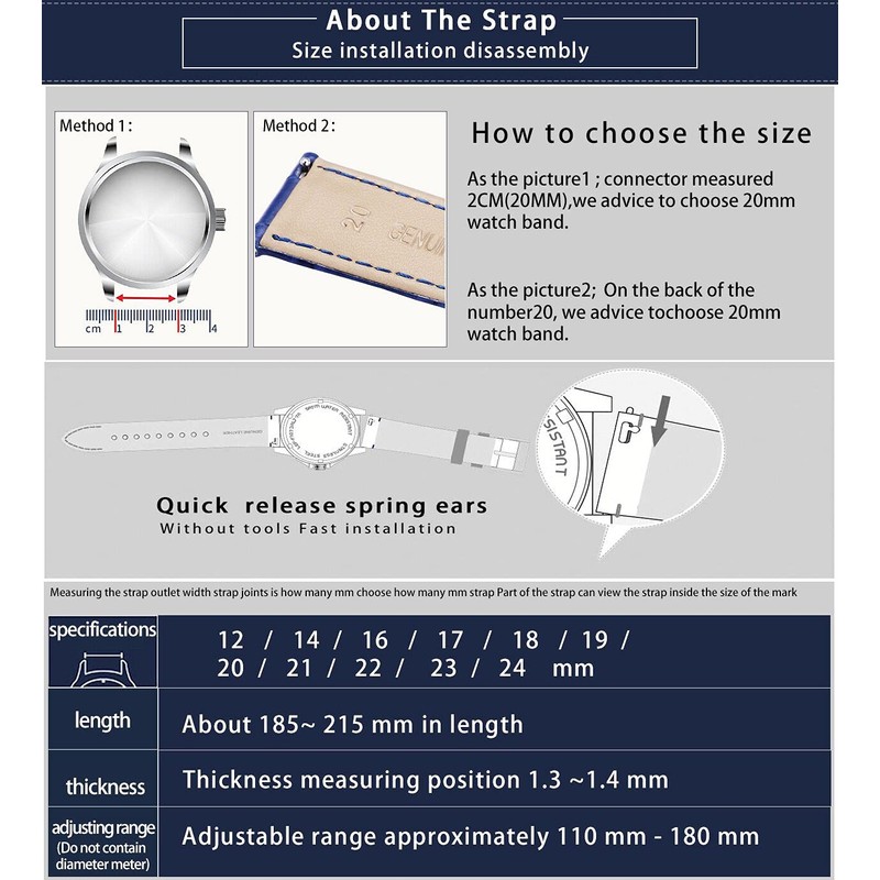 BINLUN Quick Release Leather Watch Bands Genuine Calfskin Strap